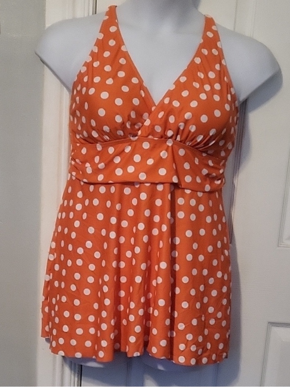 Vibrant Orange Polka Dot Swim Dress Tankini Top and Bottom